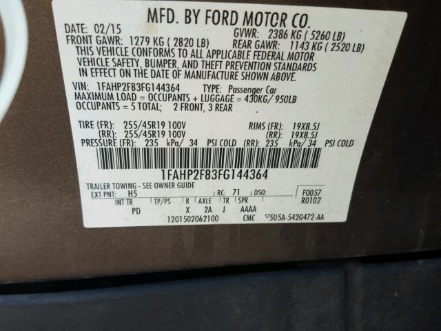 1FAHP2F83FG144364 - 2015 FORD TAURUS LIM BROWN photo 10