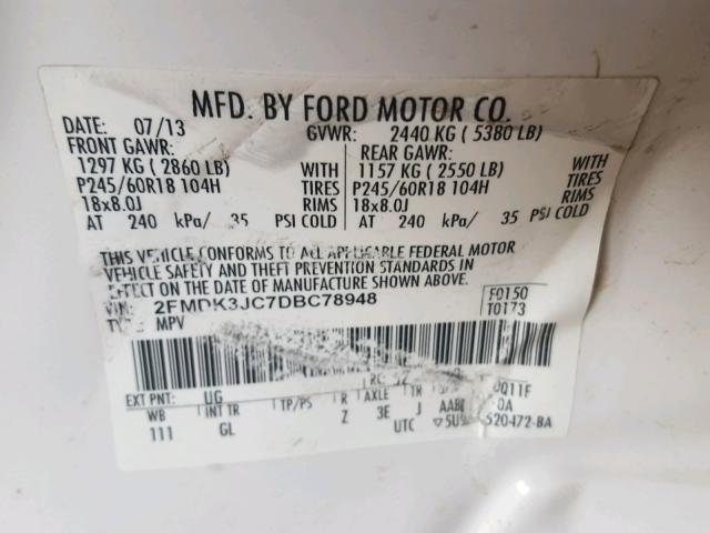 2FMDK3JC7DBC78948 - 2013 FORD EDGE SEL WHITE photo 10