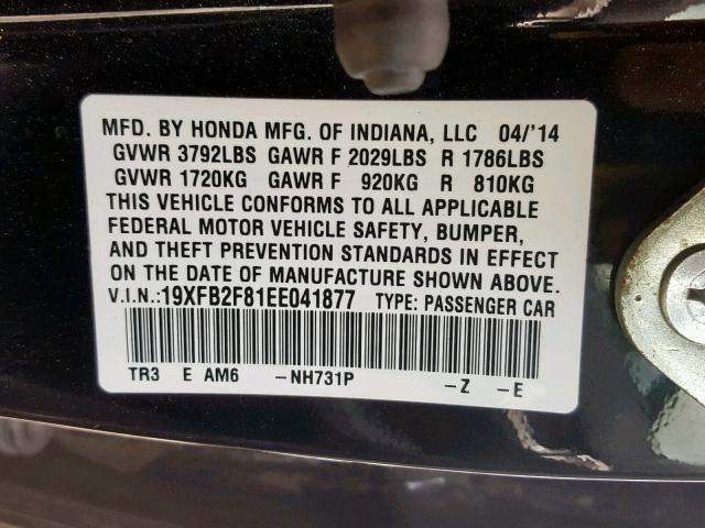 19XFB2F81EE041877 - 2014 HONDA CIVIC EX BLACK photo 10