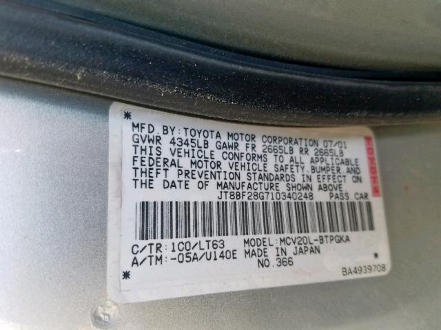 JT8BF28G710340248 - 2001 LEXUS ES 300 SILVER photo 10