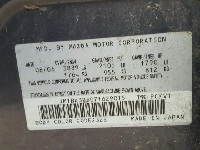 JM1BK323071629015 - 2007 MAZDA 3 S GRAY photo 10