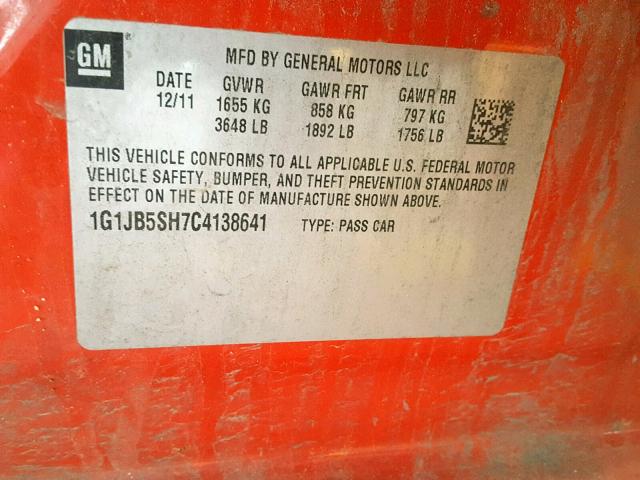1G1JB5SH7C4138641 - 2012 CHEVROLET SONIC LS ORANGE photo 10
