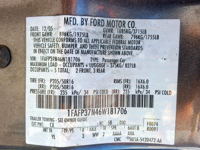 1FAFP37N46W181706 - 2006 FORD FOCUS ZX5 CHARCOAL photo 10