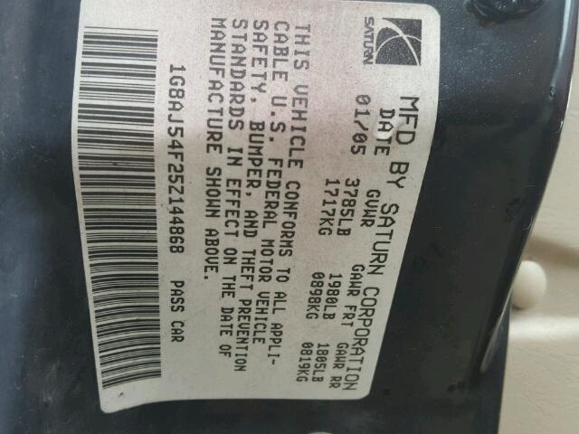 1G8AJ54F25Z144868 - 2005 SATURN ION LEVEL MAROON photo 10