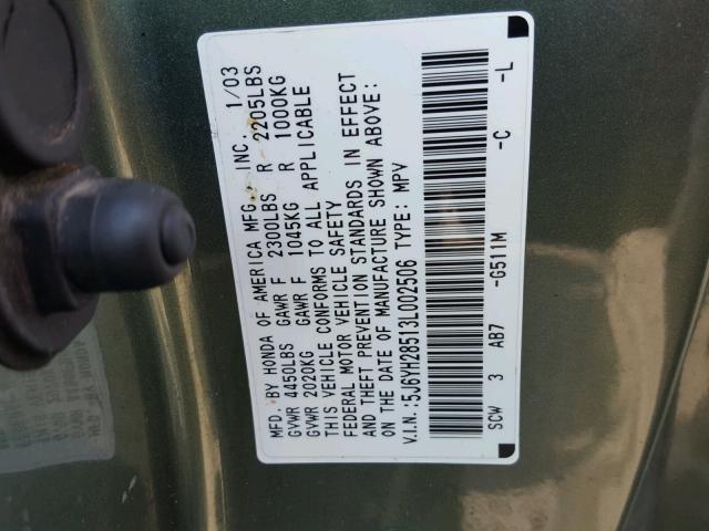 5J6YH28513L002506 - 2003 HONDA ELEMENT EX GREEN photo 10