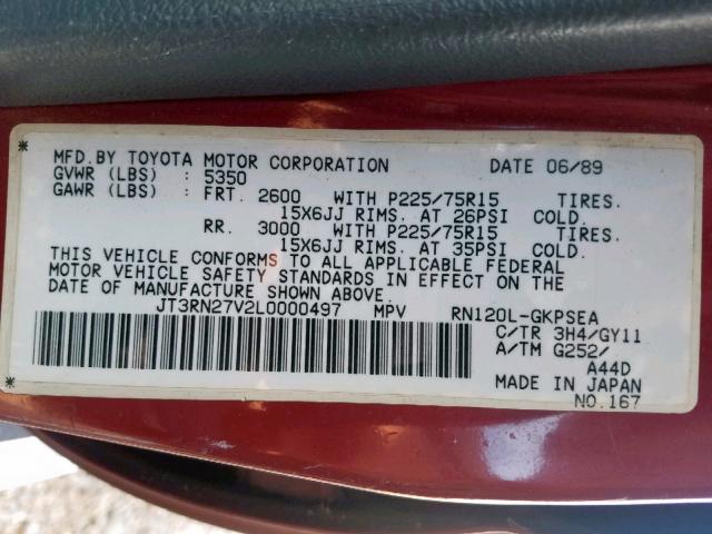 JT3RN27V2L0000497 - 1990 TOYOTA 4RUNNER RN MAROON photo 10