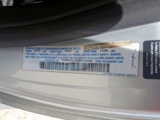 3VWDD21CX3M439568 - 2003 VOLKSWAGEN NEW BEETLE SILVER photo 10