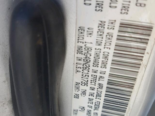 1J8HG48N26C151735 - 2006 JEEP COMMANDER SILVER photo 10