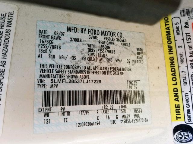 5LMFL28537LJ17229 - 2007 LINCOLN NAVIGATOR WHITE photo 10