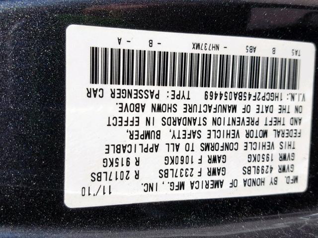 1HGCP2F45BA054469 - 2011 HONDA ACCORD LXP BLACK photo 10