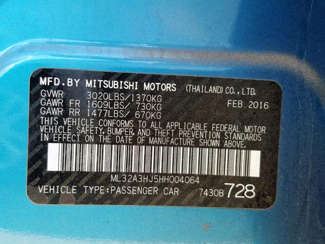 ML32A3HJ5HH004064 - 2017 MITSUBISHI MIRAGE ES BLUE photo 10