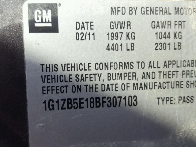 1G1ZB5E18BF307103 - 2011 CHEVROLET MALIBU LS 灰色 照片 10