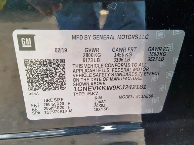 1GNEVKKW9KJ242181 - 2019 CHEVROLET TRAVERSE P BLACK photo 10