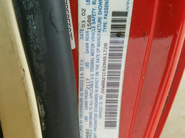 3VWBB21C62M451728 - 2002 VOLKSWAGEN NEW BEETLE Rot Foto 10