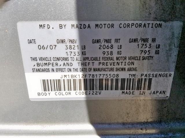 JM1BK12F781775508 - 2008 MAZDA 3 I SILVER photo 10