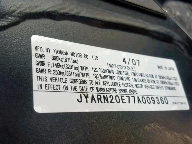 JYARN20E77A009360 - 2007 YAMAHA YZFR1 RED photo 10