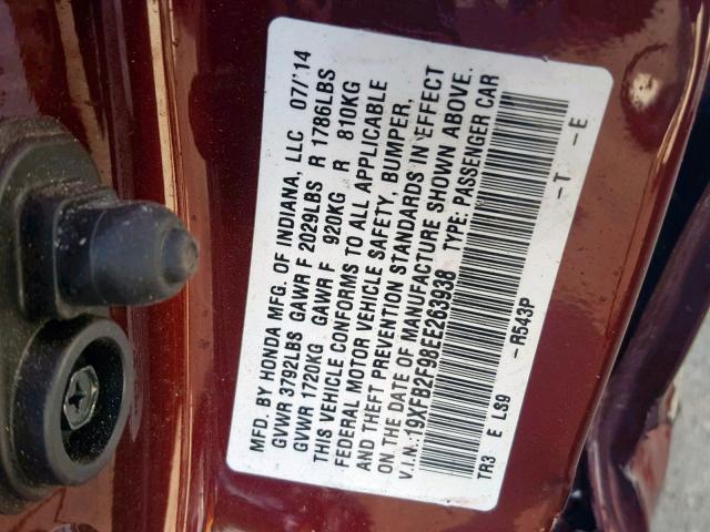 19XFB2F98EE263938 - 2014 HONDA CIVIC EXL 红色 照片 10