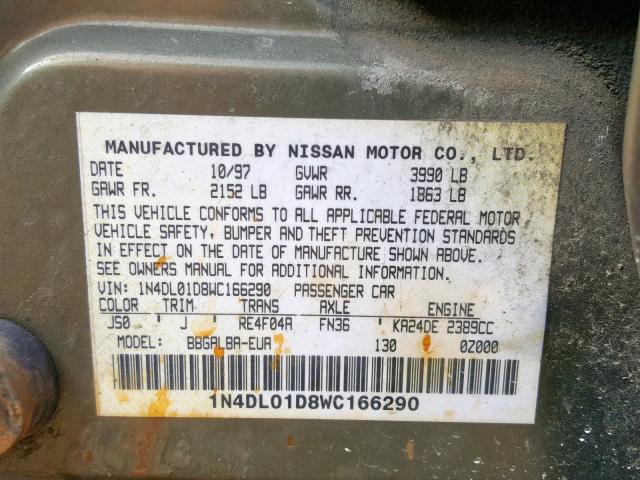 1N4DL01D8WC166290 - 1998 NISSAN ALTIMA XE GREEN photo 10