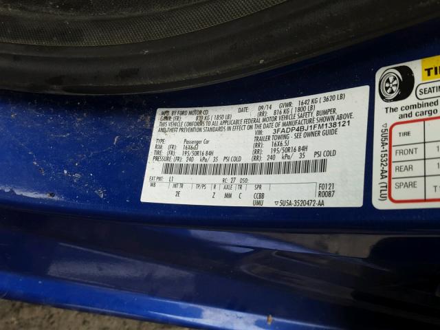 3FADP4BJ1FM138121 - 2015 FORD FIESTA SE BLUE photo 10