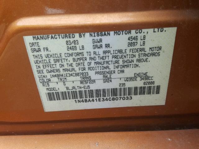 1N4BA41E34C807033 - 2004 NISSAN MAXIMA SE ORANGE photo 10