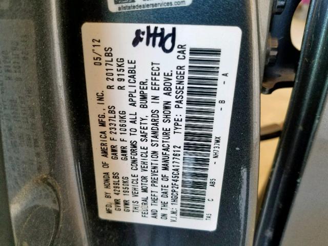 1HGCP2F45CA177612 - 2012 HONDA ACCORD LXP GRAY photo 10