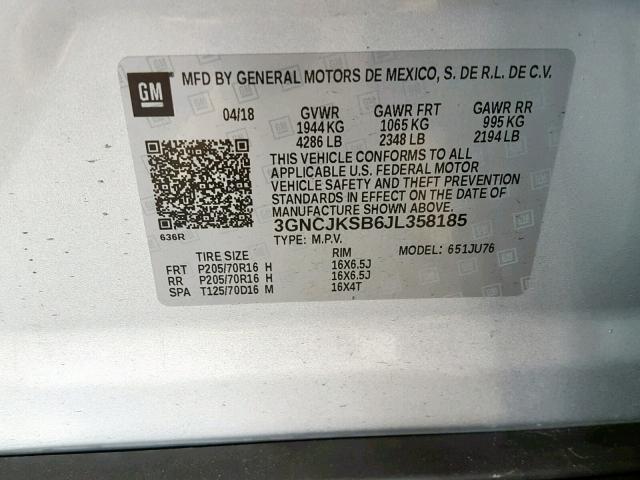 3GNCJKSB6JL358185 - 2018 CHEVROLET TRAX LS SILVER photo 10