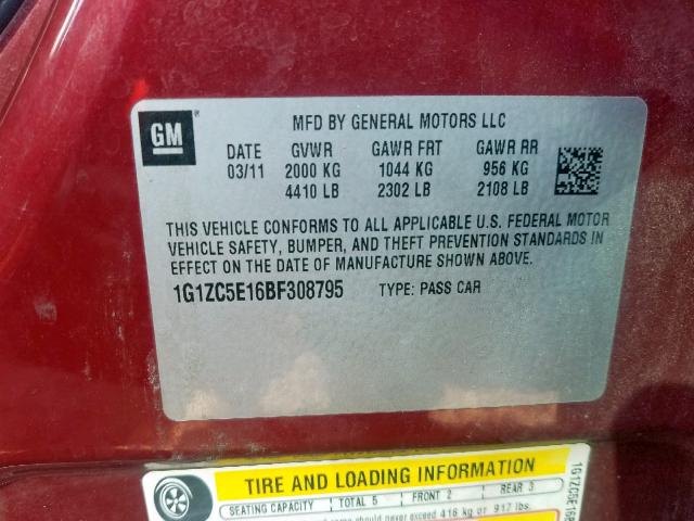 1G1ZC5E16BF308795 - 2011 CHEVROLET MALIBU 1LT RED photo 10