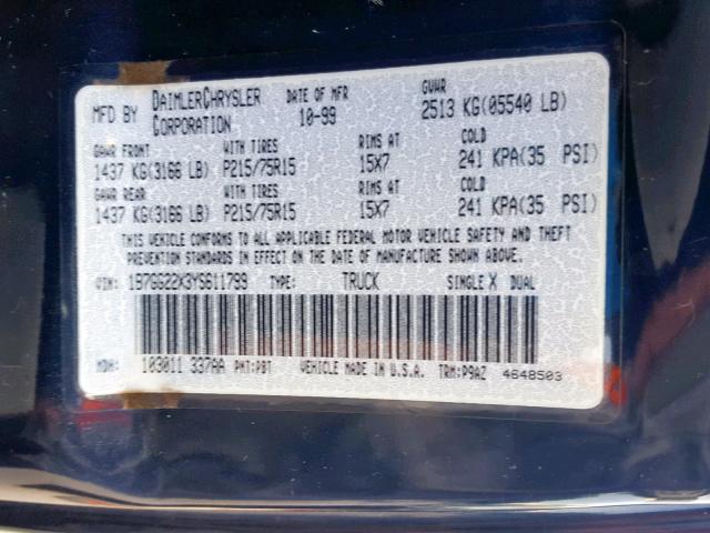 1B7GG22X3YS611799 - 2000 DODGE DAKOTA BLUE photo 10