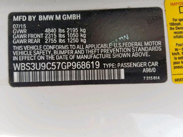 WBS3U9C57GP968619 - 2016 BMW M4 WHITE photo 10