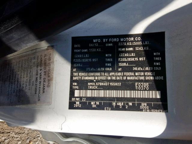 NM0LS7BN4DT155922 - 2013 FORD TRANSIT CO WHITE photo 10