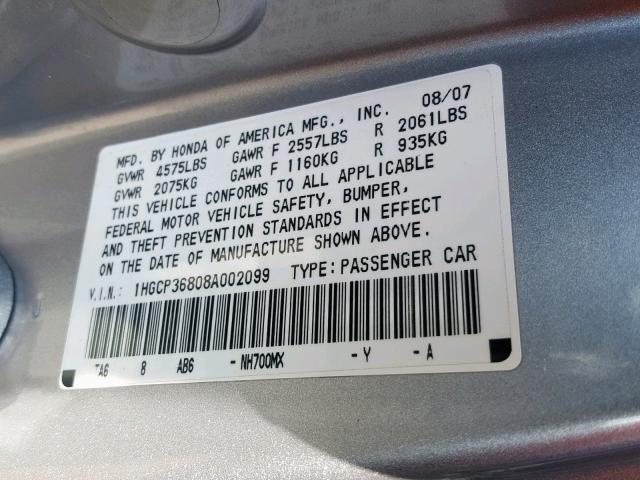 1HGCP36808A002099 - 2008 HONDA ACCORD EXL SILVER photo 10