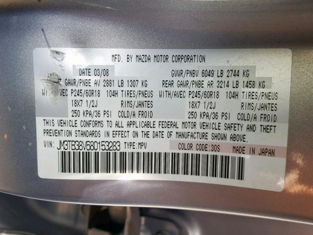 JM3TB38V680153283 - 2008 MAZDA CX-9 SILVER photo 10