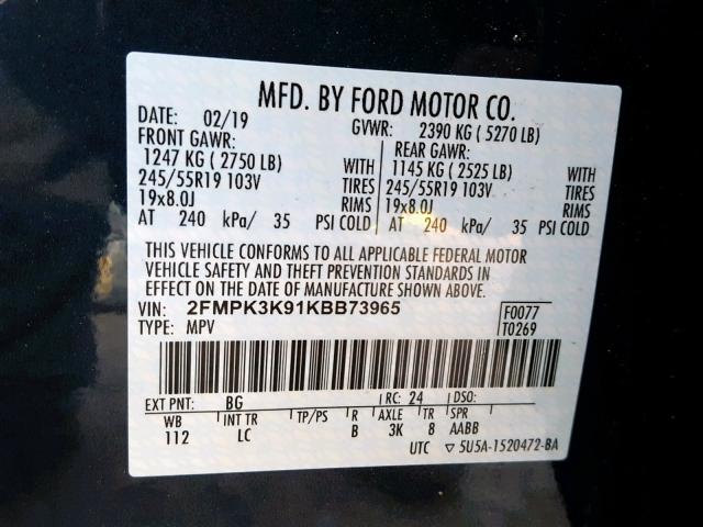 2FMPK3K91KBB73965 - 2019 FORD EDGE TITAN BLUE photo 10