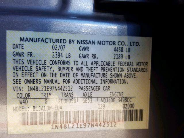 1N4BL21E97N442512 - 2007 NISSAN ALTIMA 3.5 GRAY photo 10