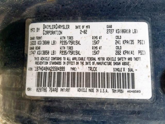 1B7HG48NX2S584999 - 2002 DODGE DAKOTA QUA BLUE photo 10