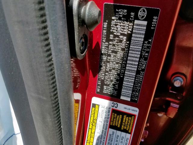 4T1BZ1FB1KU026174 - 2019 TOYOTA AVALON XLE BURGUNDY photo 10