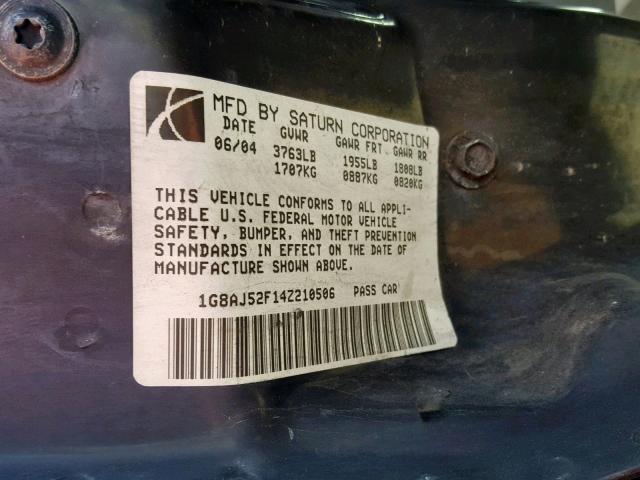 1G8AJ52F14Z210506 - 2004 SATURN ION LEVEL SILVER photo 10