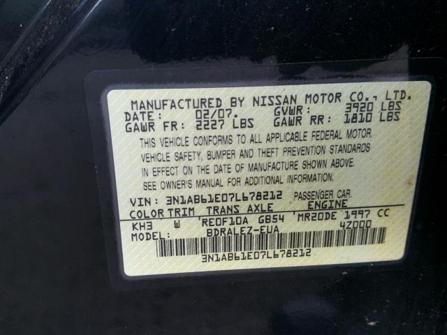 3N1AB61E07L678212 - 2007 NISSAN SENTRA 2.0 BLACK photo 10