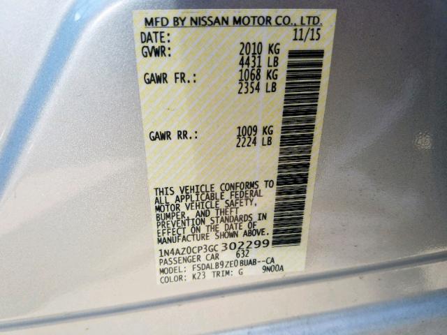 1N4AZ0CP3GC302299 - 2016 NISSAN LEAF S SILVER photo 10