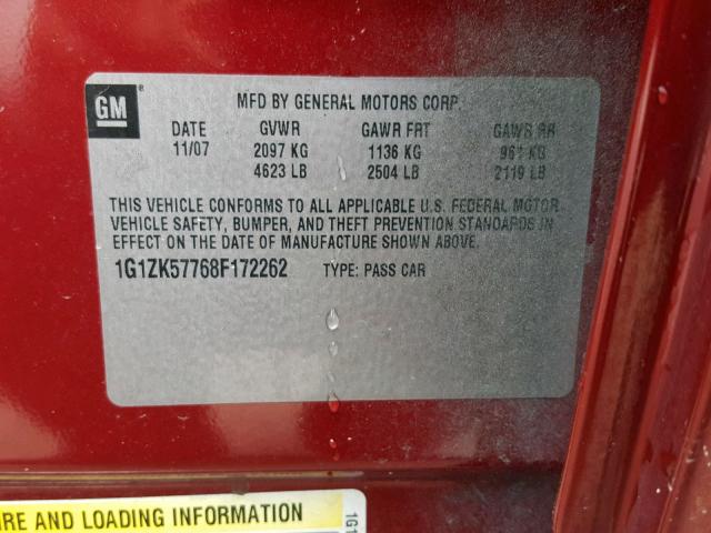 1G1ZK57768F172262 - 2008 CHEVROLET MALIBU LTZ მუქწითელი ფოტო 10