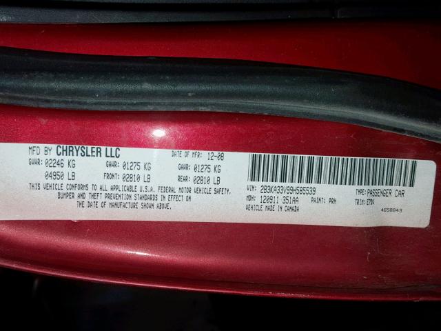 2B3KA33V99H585539 - 2009 DODGE CHARGER SX MAROON photo 10