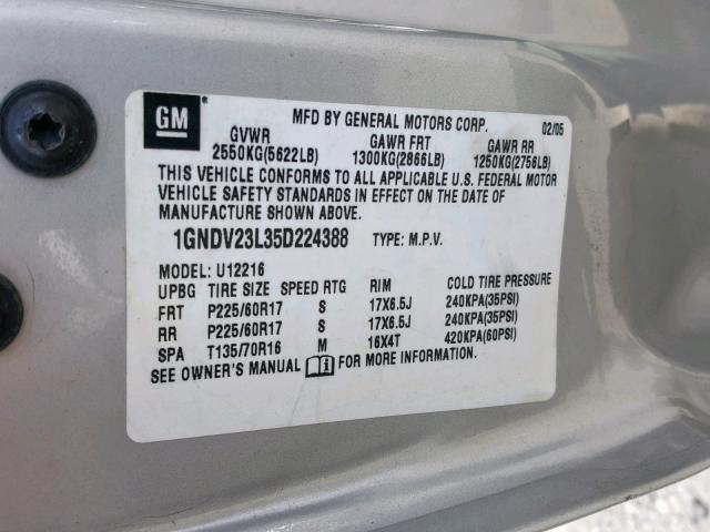 1GNDV23L35D224388 - 2005 CHEVROLET UPLANDER L SILVER photo 10