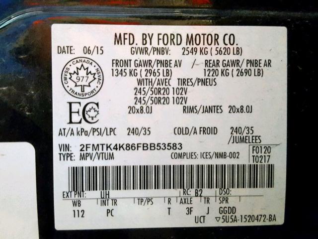 2FMTK4K86FBB53583 - 2015 FORD EDGE TITAN BLACK photo 10