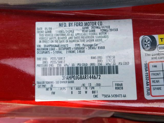 3FAHP0JG8AR144672 - 2010 FORD FUSION SEL RED photo 10