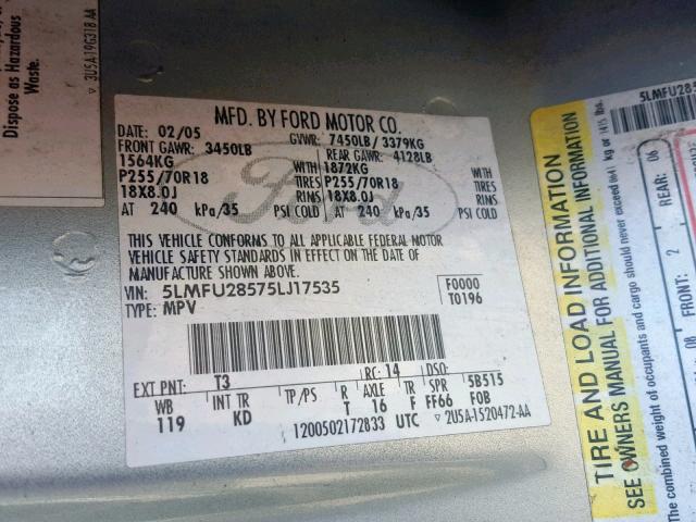 5LMFU28575LJ17535 - 2005 LINCOLN NAVIGATOR TAN photo 10