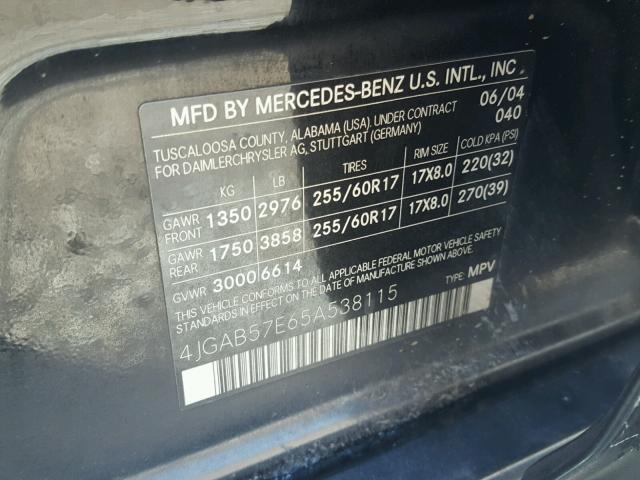 4JGAB57E65A538115 - 2005 MERCEDES-BENZ ML 350 BLACK photo 10