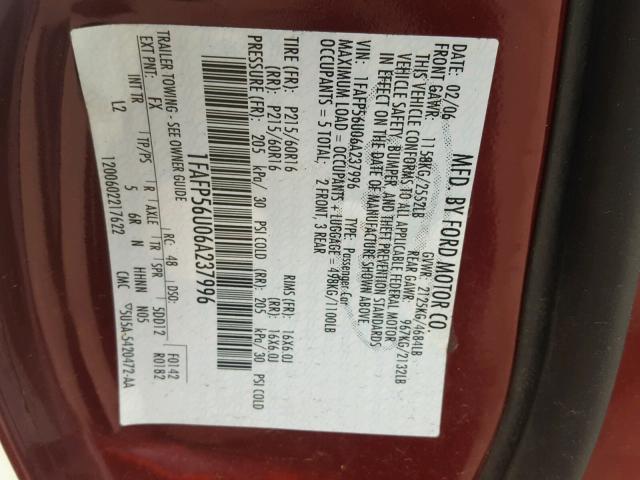 1FAFP56U06A237996 - 2006 FORD TAURUS SEL BURGUNDY photo 10