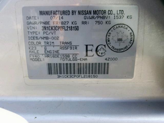 3N1CK3CP0FL218150 - 2015 NISSAN MICRA SILVER photo 10