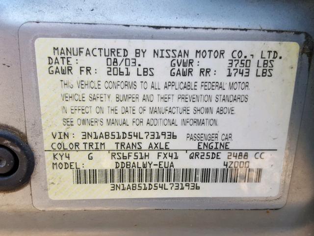 3N1AB51D54L731936 - 2004 NISSAN SENTRA SE- SILVER photo 10