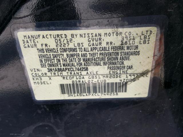 3N1AB6APXCL744258 - 2012 NISSAN SENTRA 2.0 BLACK photo 10